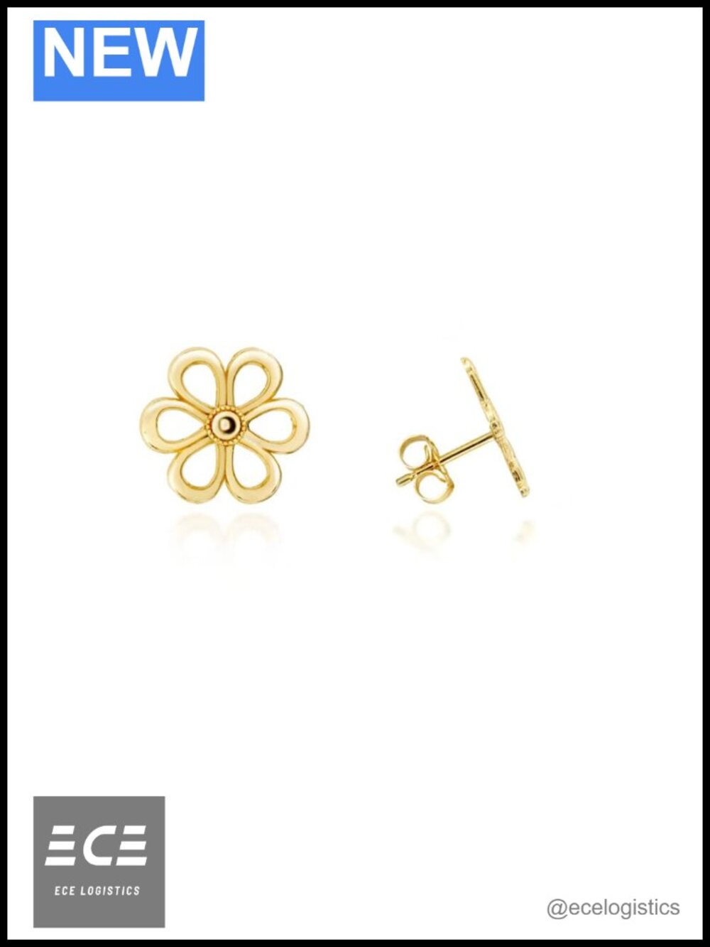 Solid 14K Yellow Gold Flower Stud Earrings Push Back 0.39"